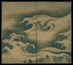 Rough Waves, dvoupanelová skládací obrazovka, c.1704-9 (inkoust, barva a plátkové zlato na papíře)