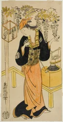 Herec Sanogawa Mangiku I jako Ohatsu ve hře „Sogazaki Shinju“ hrál v divadle Nakamura ve čtvrtém měsíci roku 1719