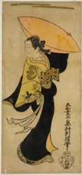 Herec Fujimura Handayu II jako Nowake no Mae ve hře „Tategami Teika Kazura“ hrál v divadle Ichimura v jedenáctém měsíci roku 1719