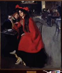 V kavárně (In a Cafe). Scéna v kavárně pravděpodobně v Paříži. Obraz Alexandra Alexandroviče Muraška (Alexander Muraško) (1875-1919), olej na plátně