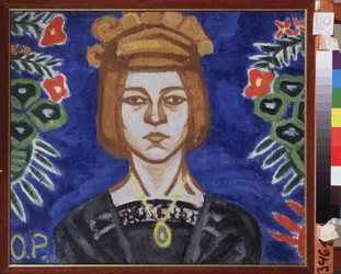 Autoportrét. Obraz Olgy Vladimirovny Rozanové (1886-1918), olej na plátně, kolem 1912. Ruské umění, 20. století, avantgarda. Státní muzeum umění, Ivanovo (Rusko).