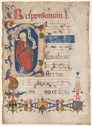 List z antifonáře: Historická iniciála P s prorokem Samuelem..., c. 1439-1447.
