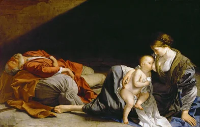 Odpočinek na útěku do Egypta - Odpočinek na útěku do Egypta - Orazio Gentileschi (1563-1638). Olej na plátně, cca 1625. Rozměr: 138,5x216 cm. Uměleckohistorické muzeum, Vídeň