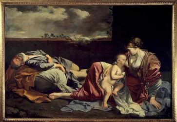 Odpočinek Svaté rodiny při útěku do Egypta, obraz Orazia Gentileschiho (1562-1647), 17. století, slunce. 1,57 x 2,25 m. Paříž, muzeum Louvre