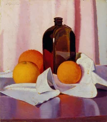 Pomeranče a láhev, asi 1930-40 (olej na kartonu)
