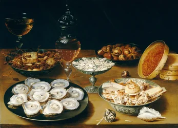Pokrmy s ústřicemi, ovocem a vínem, cca 1620-25 (olej na desce)