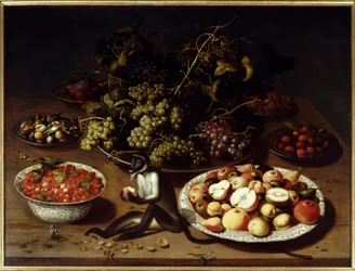 Zátiší ovoce s opicí a motýly. Obraz Osiase I. Beerta (1570-1624) Ec. Podvod.