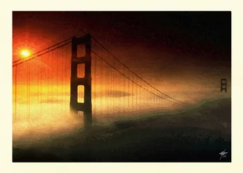 Západ slunce a mlha nad Golden Gate