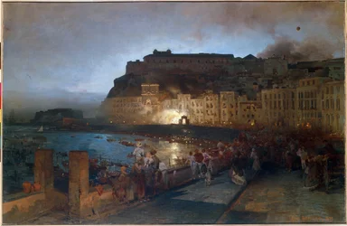 Ohňostroj v Neapoli (Itálie) - Obraz Oswalda Achenbacha (1827-1905)