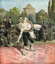 Předvádění zápasníků Pierriho a Usoufa Ismaillola,1895 (Ilustrace)