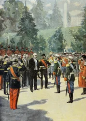 Felix Faure je vítán Mikulášem 2 na Petrohradě v roce 1897 (Rytina)
