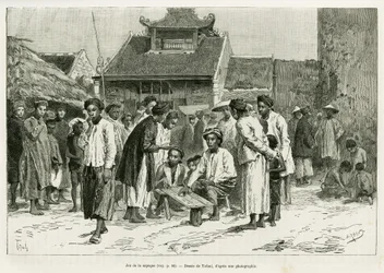 Hra sapeque. Rytina od Tofaniho, pro ilustraci příběhu Trente mois au Tonkin, v roce 1884, od Dr. Paula Hocquarda, v le tour du monde 1890, pod vedením Edouarda Chartona (1807-1890), Hachette, Paříž.