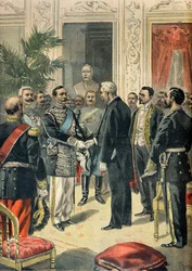 Rozhovor Felixe Faureho s ruským velvyslancem Lvem Ouroussoffem, Paříž 1898 (Rytina)