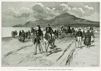 Ostrované jdou na mši. Rytina Tofani pro ilustraci příběhu Tři měsíce v Irsku, v roce 1889, Marie Anne de Bovet, in le tour du monde 1890, režie Edouard Charton (1807-1890), Hachette, Paříž.