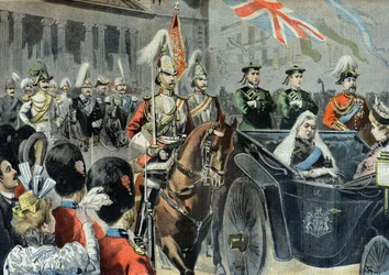 Diamantové jubileum královny Viktorie, korzár v ulicích Londýna v roce 1897 (rytina)