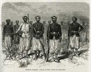 Senegalští jezdci z doprovodu expedice. Rytina od Tofaniho k ilustraci příběhu Průzkum v Haut Niger, velitele Gallieni, námořní pěchoty, v letech 1880-1881, publikovaná v Tour du monde, pod vedením Edouarda Chartona (1807
