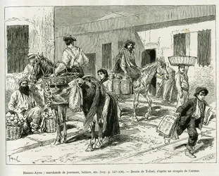 Malé podniky, prodejci novin, mlékárenství, prodejci ovoce atd... v ulicích Buenos Aires (Argentina). Rytina od Tofaniho k ilustraci příběhu Voyage a la Plata, tři měsíce prázdnin od Emila Blaireauxe v roce 1886, v tour du monde 1887, unde