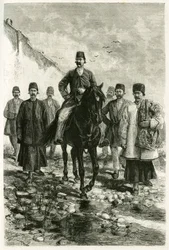 Guvernér Kašanu (nebo Kachanu, v teheránské provincii, dnešním Íránu) jede na černém koni a jeho doprovod jde pěšky. Rytina Tofaniho podle fotografie k ilustraci vyprávění 