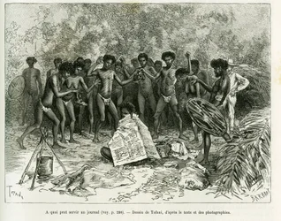 K čemu se dají noviny použít? Rytina od Tofaniho k ilustraci příběhu Chez les cannibales, Cesta do severovýchodní Austrálie