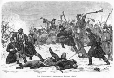 První pěší pluk v Haandgemæng s plukem "Martini", hospoda. 1865 (rytina)