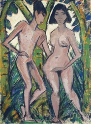 Adam a Eva, asi 1913-22 (vápenná barva na hessianu)