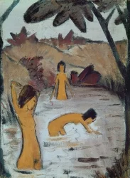 Tři koupající se v rybníce. Kolem roku 1912