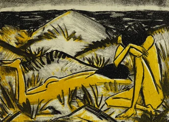 Duny jeden sedí a dívka vleže