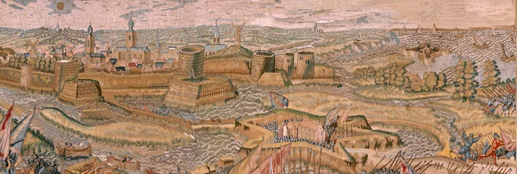 Vlámský gobelín. Seriál Triumfy a bitvy arcivévody Alberta. Útok a dobytí zakořeněného bojiště Hulst (Asalto y toma del campo atrincherado de Hulst). Šestá tapisérie v sérii. Model Otto van Veen a Hans I Snellinck. Výroba