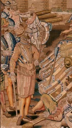 Vlámský gobelín. Seriál Triumfy a bitvy arcivévody Alberta. Útok na město Calais (Asalto de la plaza de Calais). Druhá tapisérie v sérii. Model Otto van Veen a Hans I Snellinck. Výroba Martin Reynbouts, Brusel