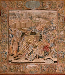 Vlámský gobelín. Seriál Triumfy a bitvy arcivévody Alberta. Útok na město Calais (Asalto de la plaza de Calais). Druhá tapisérie v sérii. Model Otto van Veen a Hans I Snellinck. Výroba Martin Reynbouts, Brusel