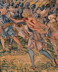 Vlámský gobelín. Seriál Triumfy a bitvy arcivévody Alberta. Noční útok na Ardres nebo obsazení nízkého města Ardres (Asalto nocturno de Ardrés o Toma de la baja villa de Ardrés). Třetí tapisérie v sérii. Model Otto van Veen a Hans I Snell