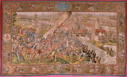 Vlámský gobelín. Seriál Triumfy a bitvy arcivévody Alberta. Překvapení v Calais (La sorpresa de Calais). První tapisérie v sérii. Model Otto van Veen a Hans I Snellinck. Výrobce Martin Reynbouts, Bruselas. 1597-1599. Tkanina Zlatá, stříbrná, si