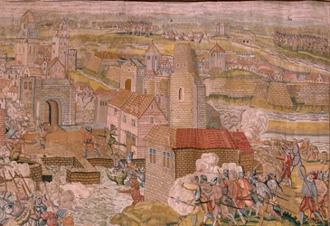 Vlámský gobelín. Seriál Triumfy a bitvy arcivévody Alberta. Překvapení v Calais (La sorpresa de Calais). První tapisérie v sérii. Model Otto van Veen a Hans I Snellinck. Výrobce Martin Reynbouts, Bruselas. 1597-1599. Tkanina Zlatá, stříbrná, si
