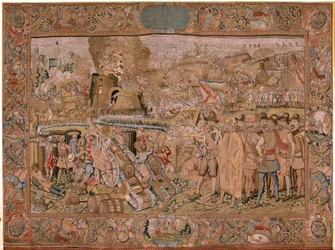 Vlámský gobelín. Seriál Triumfy a bitvy arcivévody Alberta. Dobytí města Hulst (Toma de la Plaza de Hulst). Sedmá tapisérie v sérii. Model Otto van Veen a Hans I Snellinck. Výroba Martin Reynbouts, Brusel