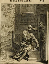 Xantippa vylévá nočník na Sókrata. Z Emblemata Horatiana, 1607