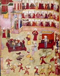 Slavnosti pořádané u příležitosti obřízky syna osmanského sultána Murada II (Murat) (1404-1451), kejklíři, akrobaté a zlatníci přišli představit ukázky Miniatura 16. století Istanbul, knihovna muzea Topkapi Sarayi