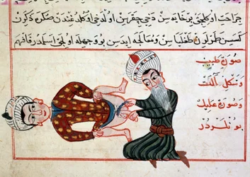 Medicína: kastrace hermafrodita. Miniatura z pojednání o tureckém lékařství od Sharafa al-Dina