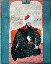 Osmanská říše: “” Portrét sultána Osmana I. (Osman Gazi rahimahu llah) (1258-1326) “” Miniatura ze “Zubdat al Tawarikh” “(paní 1973, fol. 59a) od Seyyyda Lokmana Ashuriho 1583 Istanbul, Turecko-Isla Muzeum umění