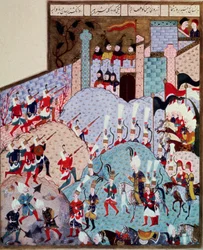 Osmanská říše: reprezentace sultána Solimana (Suleymana) řekl jsem velkolepý (1520-1566) a jeho armáda útočí na opevněné město. Miniatura převzata z 