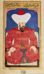 Portrét sultána Osmanské říše Orhan (Orkhan nebo Urchan) I (1281-1360) Miniatura z rukopisu „“ Lidská fyziognomie (O osobních opatřeních Osmanů) od Seyyida Lokmana Husseina. (Paní ty6087 folio 25b)
