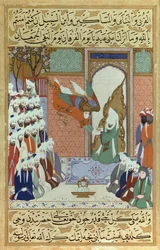 Archanděl Gabriel odhaluje 8. súru, kapitolu Koránu, miniaturu Muhammada z „Siyari Nabi“ (Život proroka)