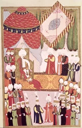 Korunovace sultána Selima I. (1466-1520) z „Hunername“ od Lokmana (kvaš na papíře)