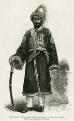 Jang Bahadur (1816-1877), předseda vlády Nepálu. Rytina P.Selliera k ilustraci příběhu Voyage au Nepal, Dr. Gustave Le Bon (1841-1931), in le tour du monde 1886, režie Edouard Charton (1807-1890), Hachette, Paříž.