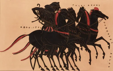 Tisk Dekorace na řecké amfoře, zobrazující Afroditu jedoucí Poseidona ve voze, c1858.