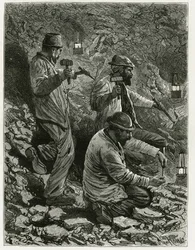 Horníci dobývající uhlí do žíly. Rytina od Ferata k ilustraci povídky "Belgie" od belgického spisovatele Camilla Lemonniera (1844-1913). Publikováno v Le Tour du monde, nouveau journal des voyages, 2. pololetí 1884, editor Edouard Charton (1807-