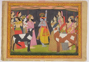 Krišna zvedá horu Govardhana z Bhágavata purány, Kulu, Himáčalpradéš, 1749