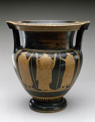 Červený figurální sloup Krater s výjevem ženy a dvou mladíků, 480-460 př.nl (terakota)