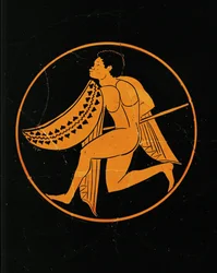 Černý válečník. Středový medailon červenofigurového poháru z Poggio Sommavilla v Etrurii. 510-500 př. n. l.
