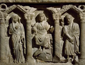 Raně křesťanský sarkofág také známý jako Sarkofág blahoslaveného Jiljí, mramor, Oratoř San Bernardino, Perugia, Umbria, Detail, Itálie, 4. století