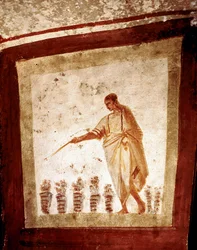 Paleochretian Art (období starověkého Říma): Množení chleba a ryb. Freska z katakomby Via Anapo v Římě. 3. a 4. století. - Raně křesťanské umění. Rozmnožování chlebů a ryb. Katakomba Via Anapo, Řím, Itálie